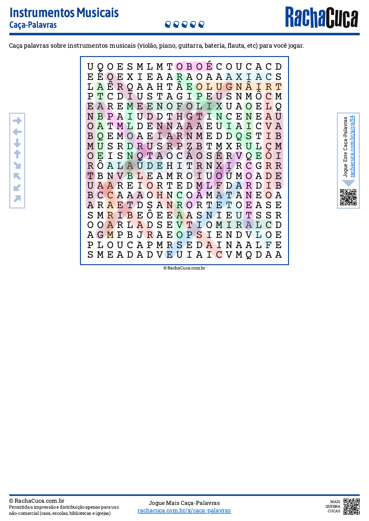 Racha Cuca - Caça Palavras de Instrumentos Musicais -  .com.br/palavras/caca-palavras/instrumentos-musicais-facil/ #RachaCuca