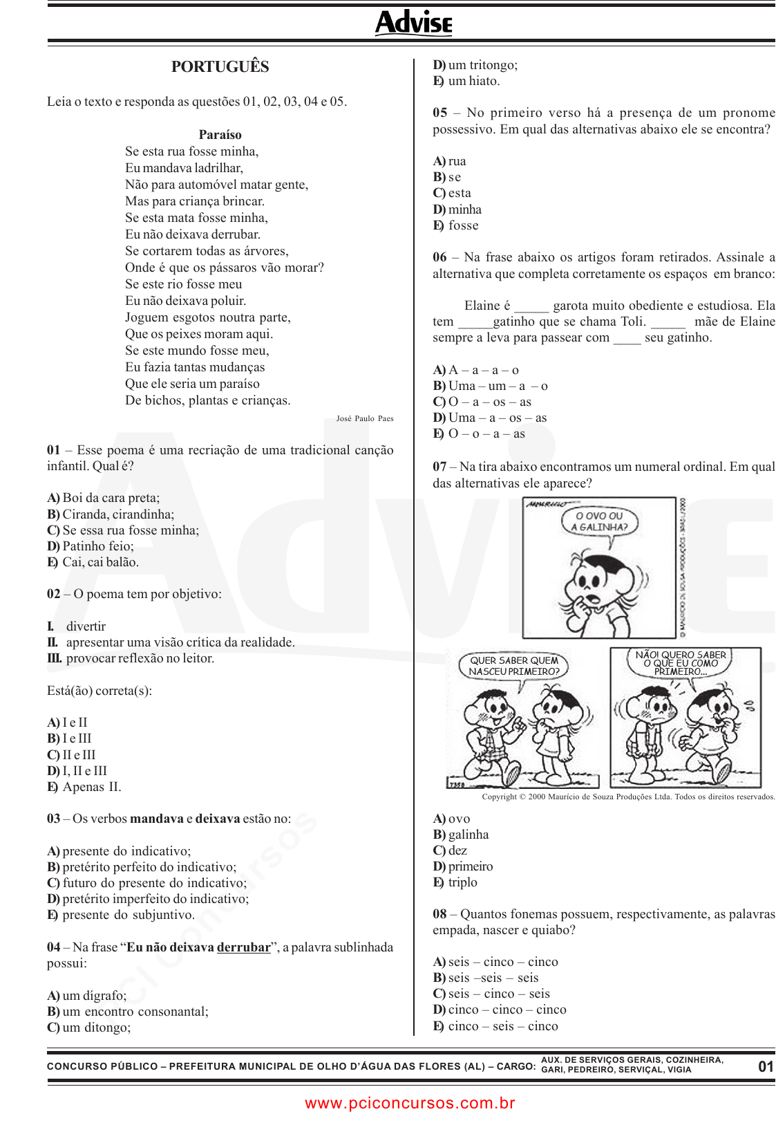 Prova SESCSE - ADVISE - 2010 - para Artífice de Manutenção - Pedreiro.pdf -  Provas de Concursos Públicos