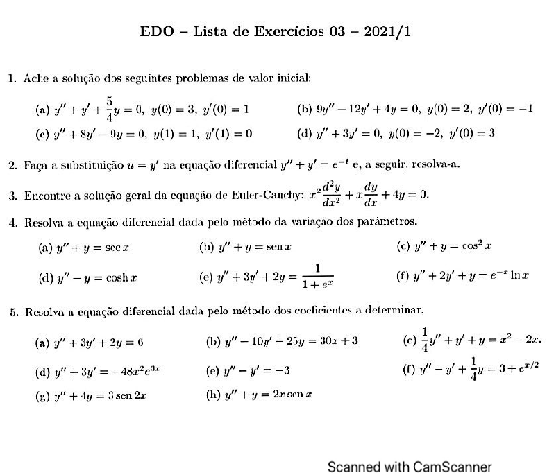 Lista Equacoes Diferenciais Ordinarias Equações Diferenciais Ordinárias