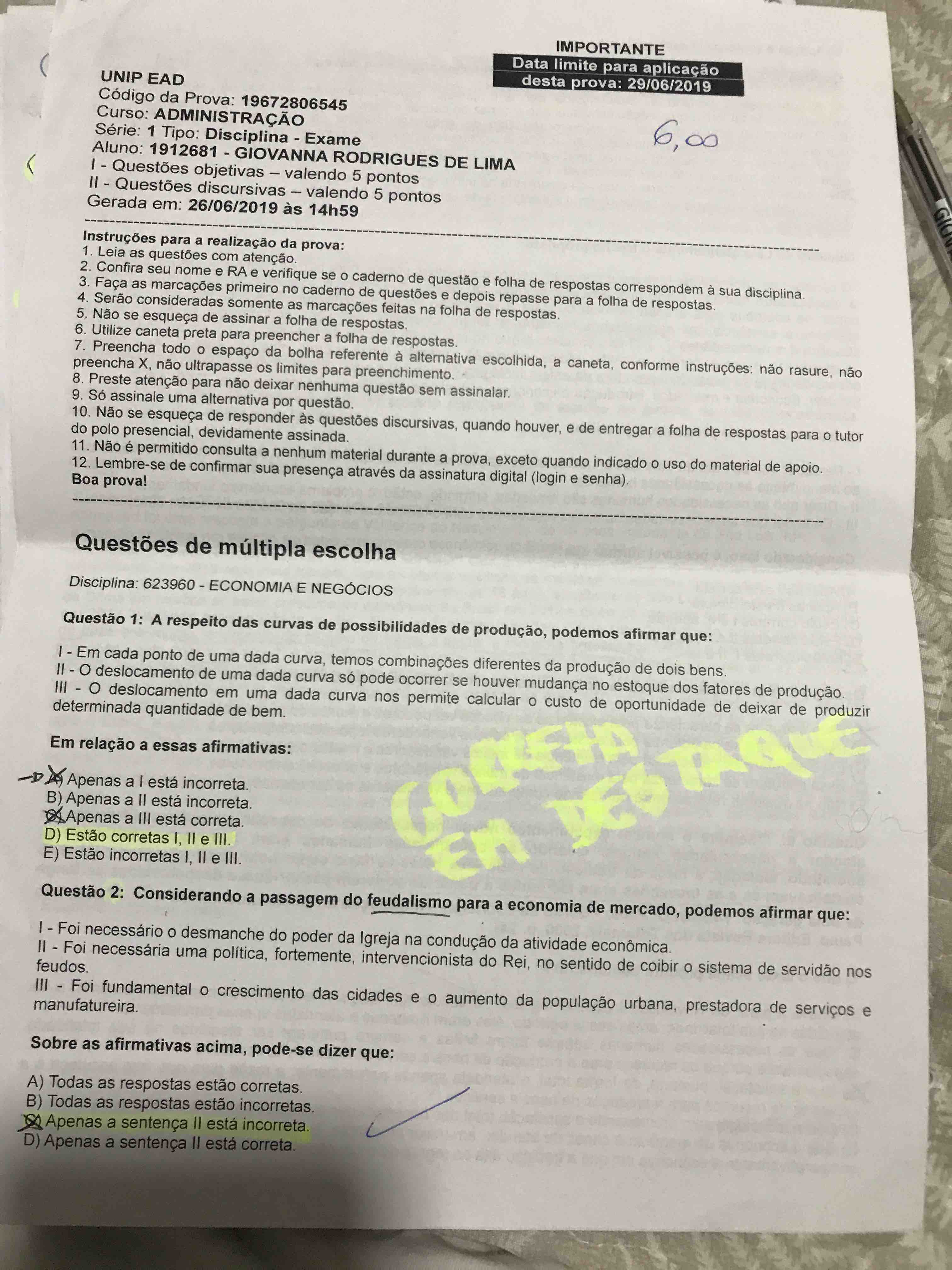 Prova Unip Economia E Neg Cios Unip