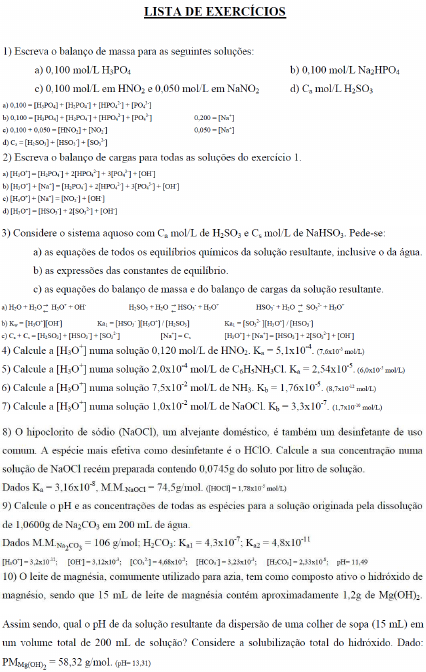 Lista De Exercícios Química Analítica Equilíbrio Ácido Base Química