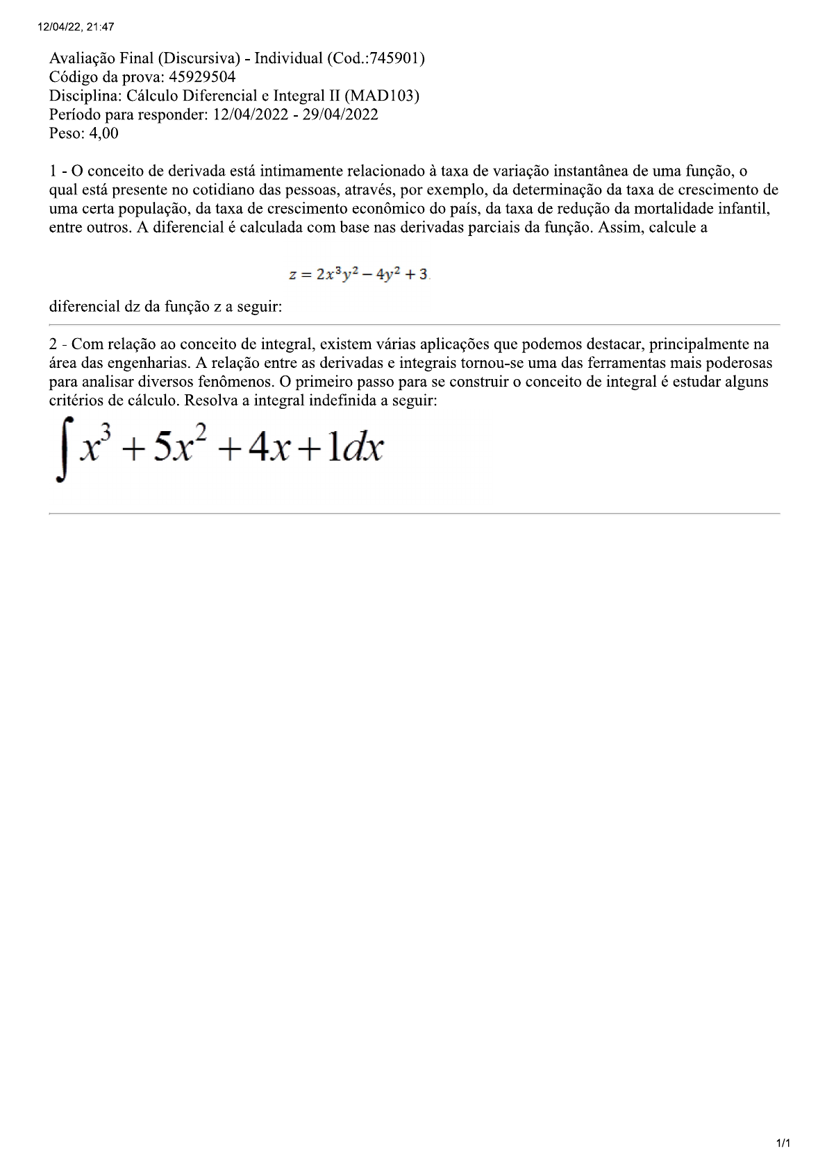 Prova Discursiva Uniasselvi 3 Cálculo Integral E Diferencial Ii