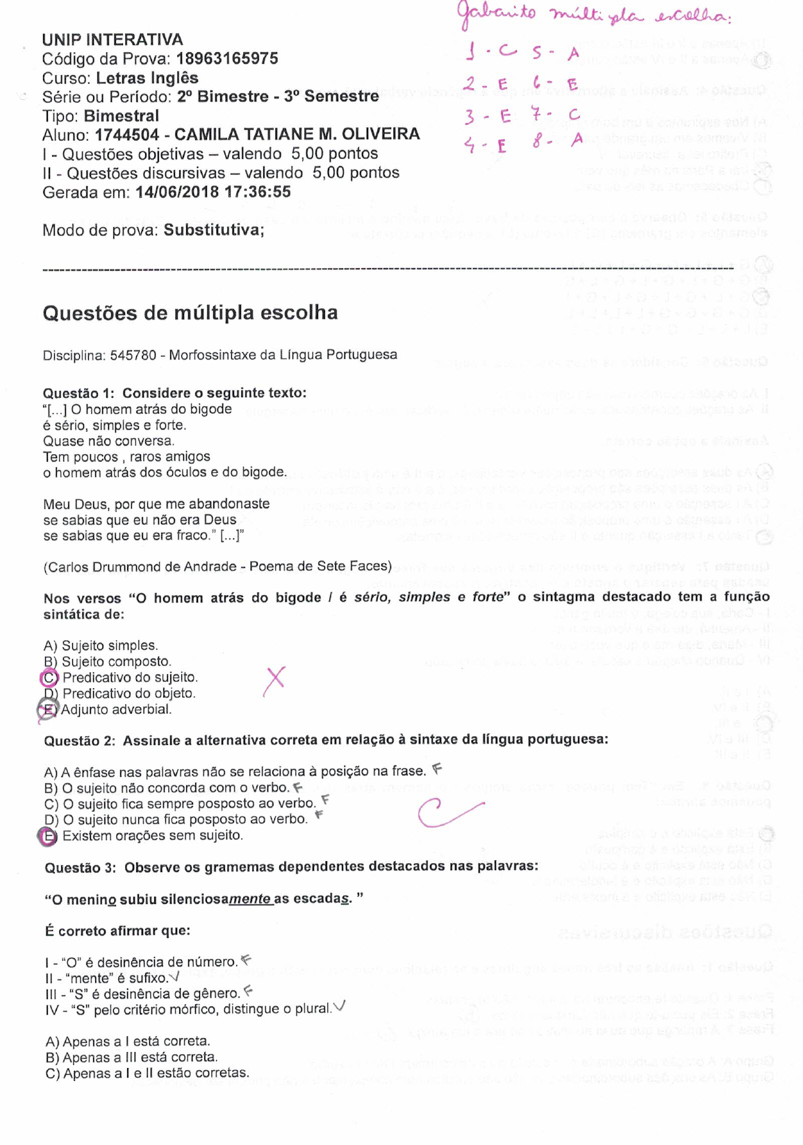 Avaliação (CORRIGIDA COM GABARITO) Morfossintaxe Da Língua Portuguesa ...