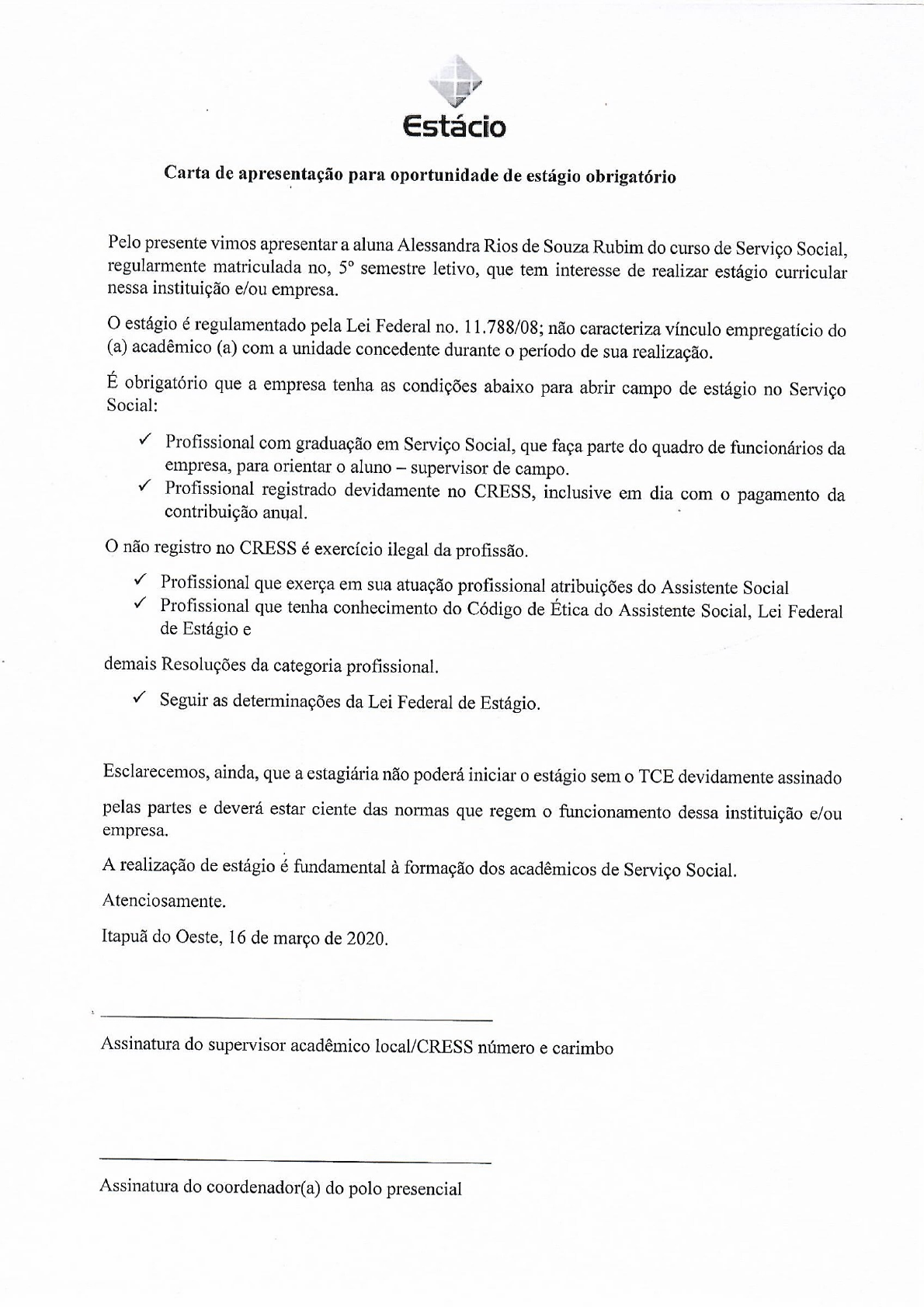 Carta De Apresentação Estacio - RETOEDU