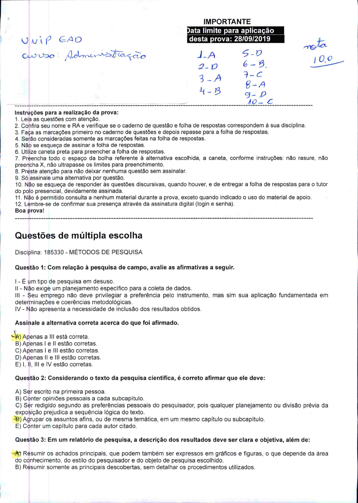 Prova M Todos De Pesquisa Corrigida Com Gabarito Disciplina