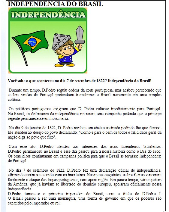 Atividades Educativas Escolares Da Independ Ncia Do Brasil De Setembro Para Educa O