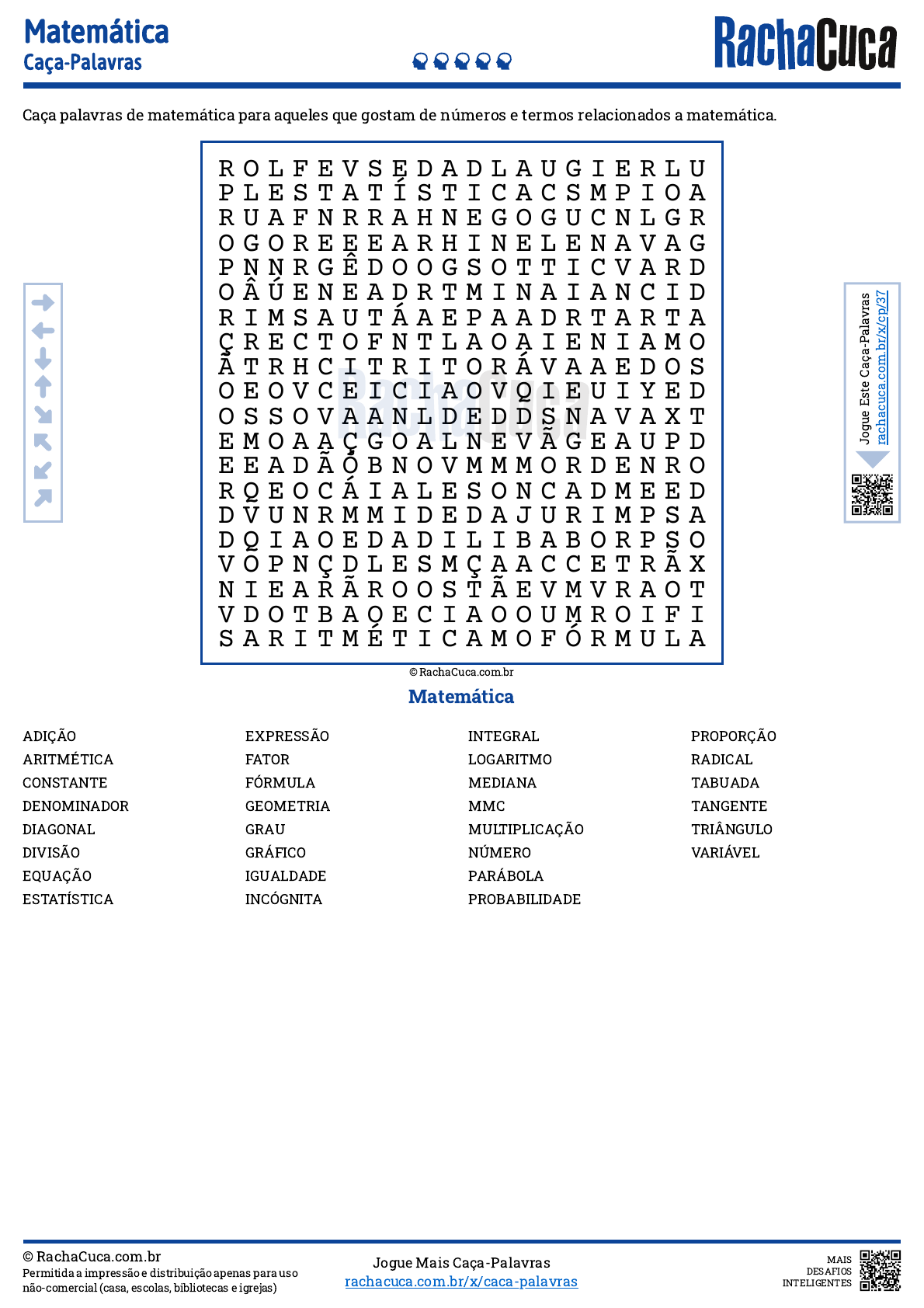 Caça-palavras, Palavras de matemática, Palavras difíceis