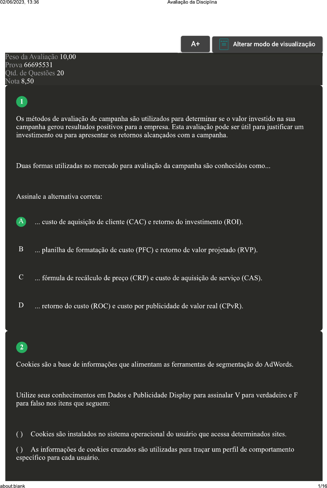 2 - Gestão de campanhas com o Google AdWords - Avaliação - Marketing Digital