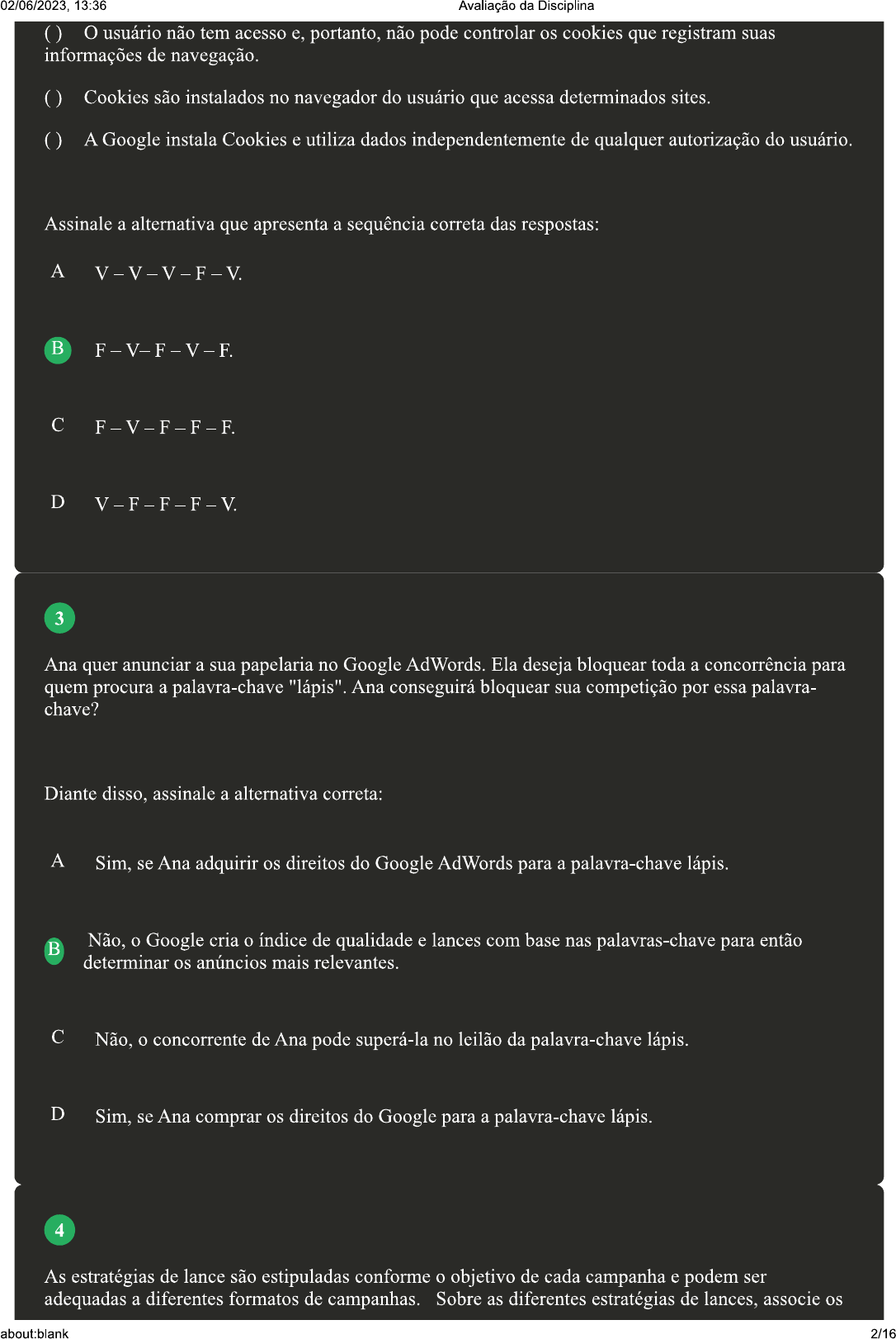 2 - Gestão de campanhas com o Google AdWords - Avaliação - Marketing Digital