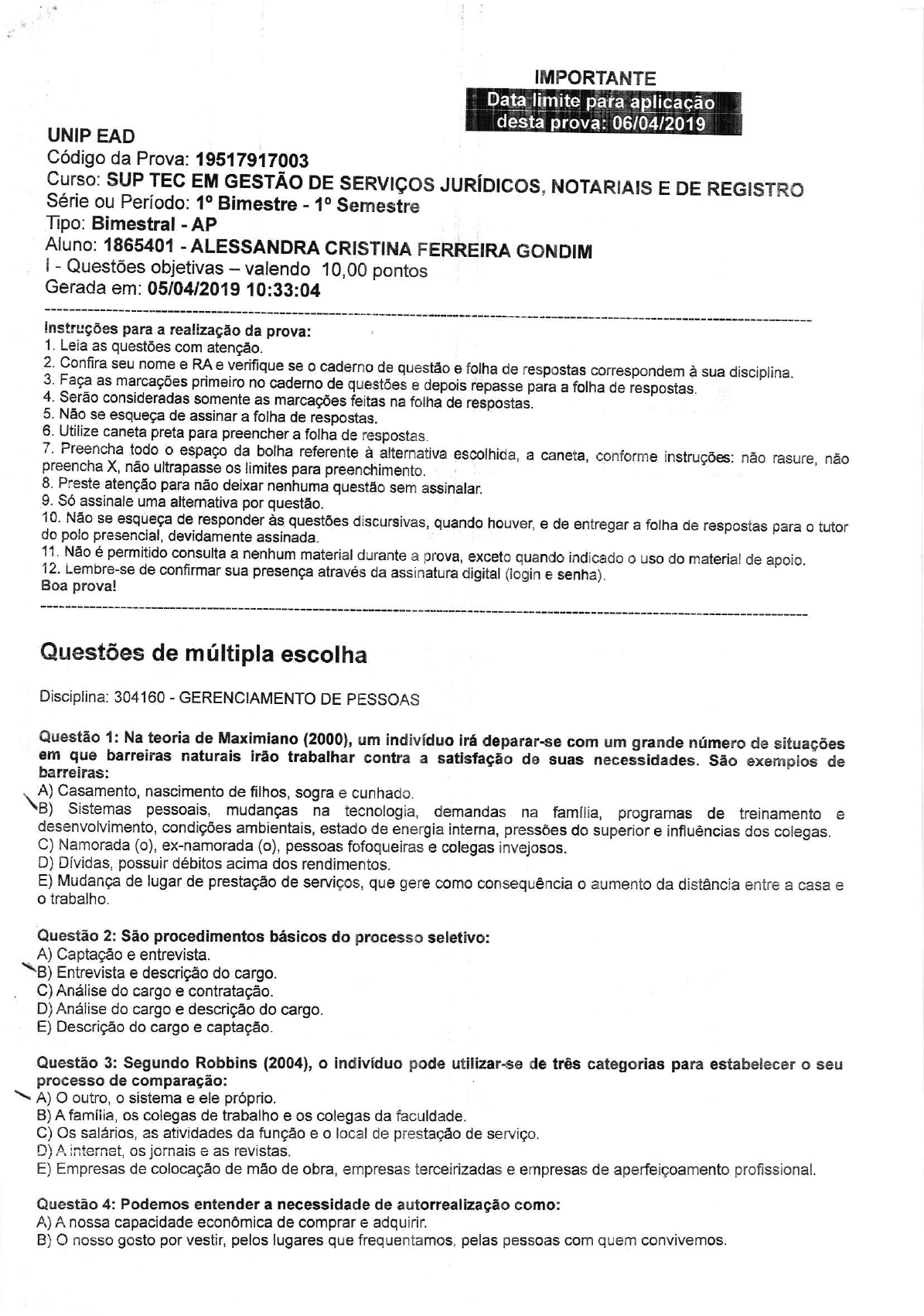 Atividade UNIP - Gestão de Pessoa, Provas Gestão Empresarial