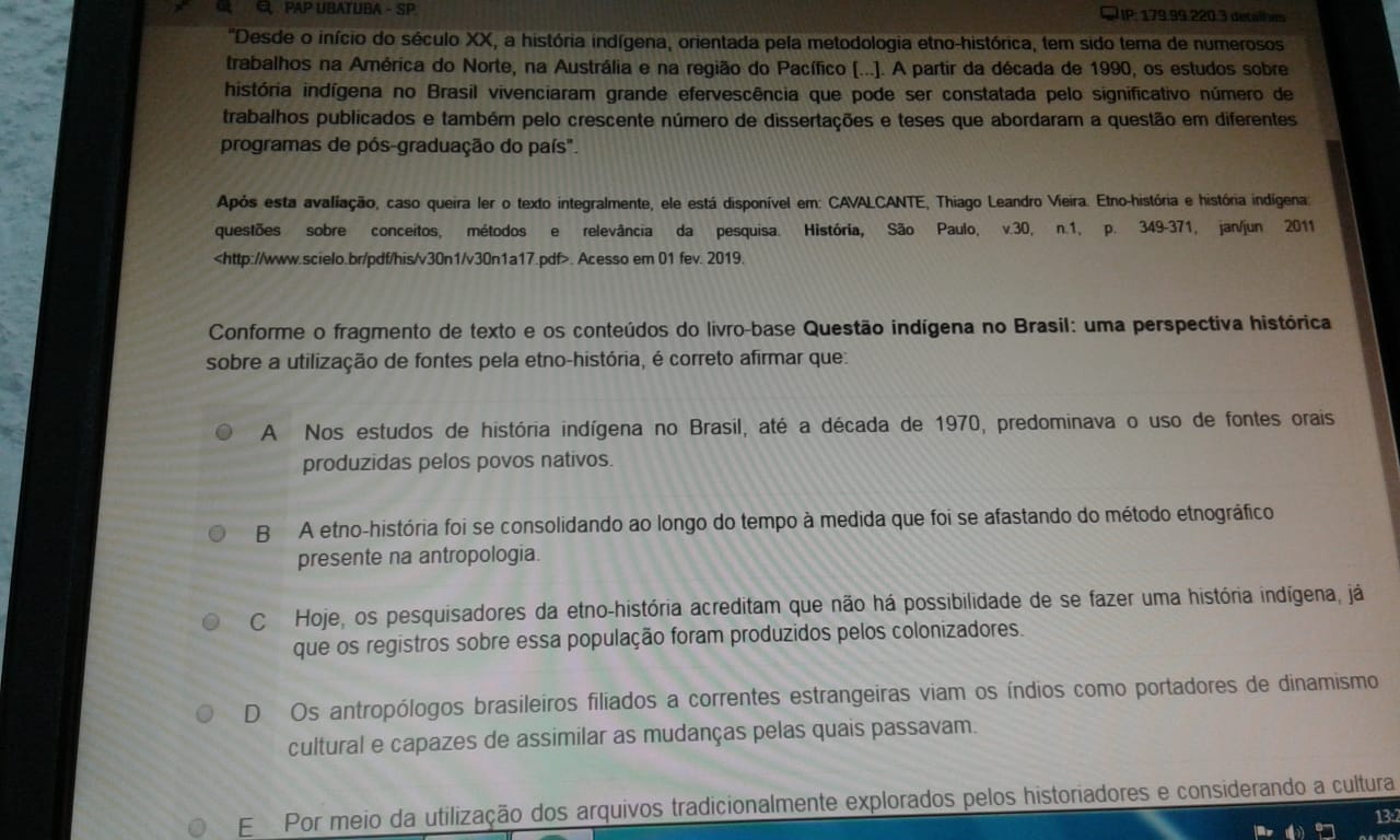 QUESTÃO INDIGENA NO BRASIL OBJETIVA E DISCURSIVA 2019 - Questão ...