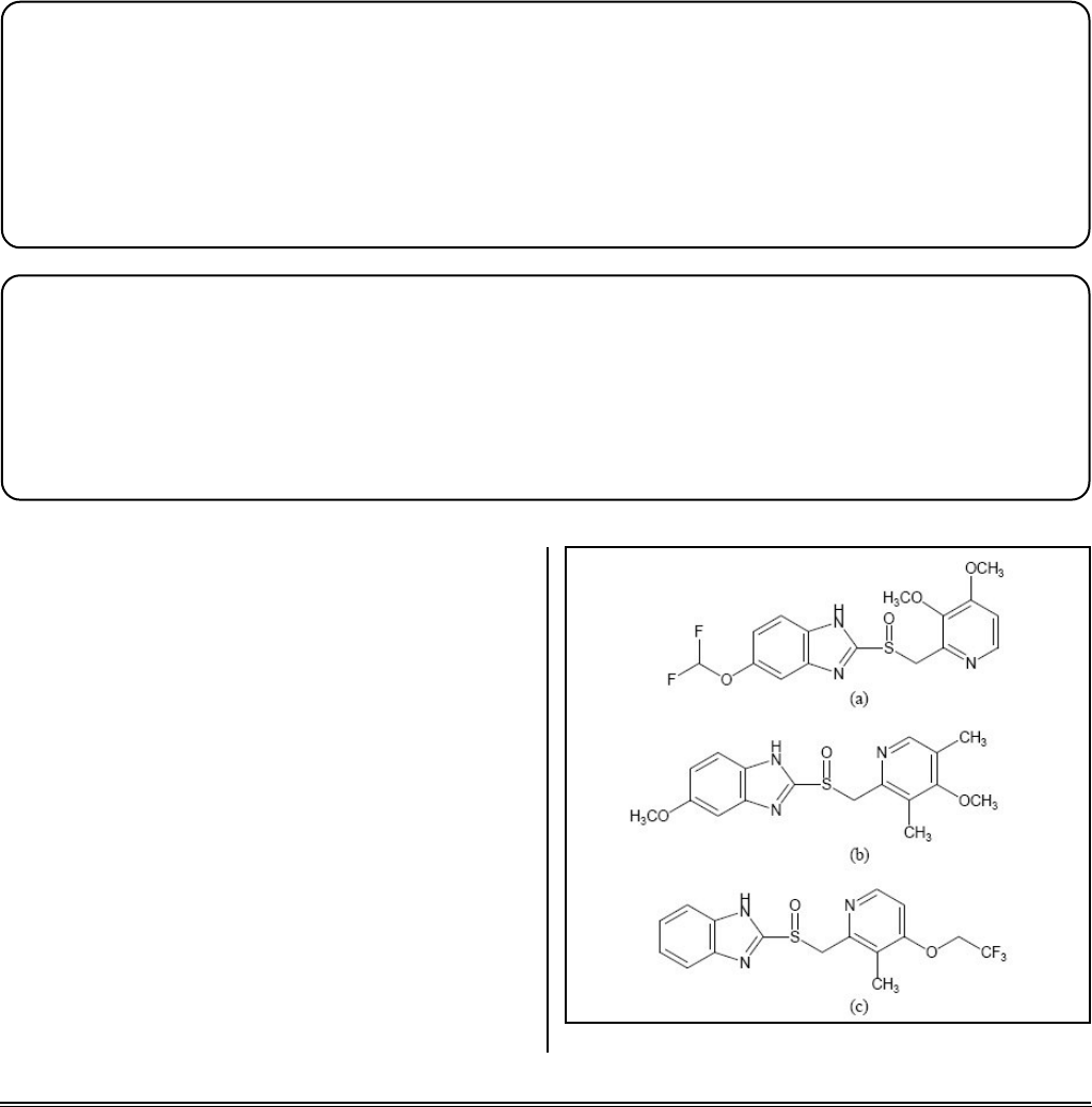 Estruturas químicas do pantoprazol (a, 383,38 g/mol), omeprazol (b