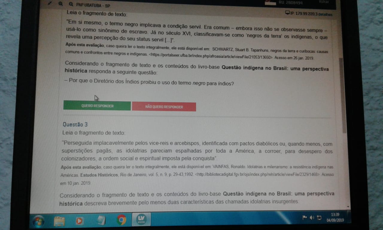 QUESTÃO INDIGENA NO BRASIL OBJETIVA E DISCURSIVA 2019 - Questão ...