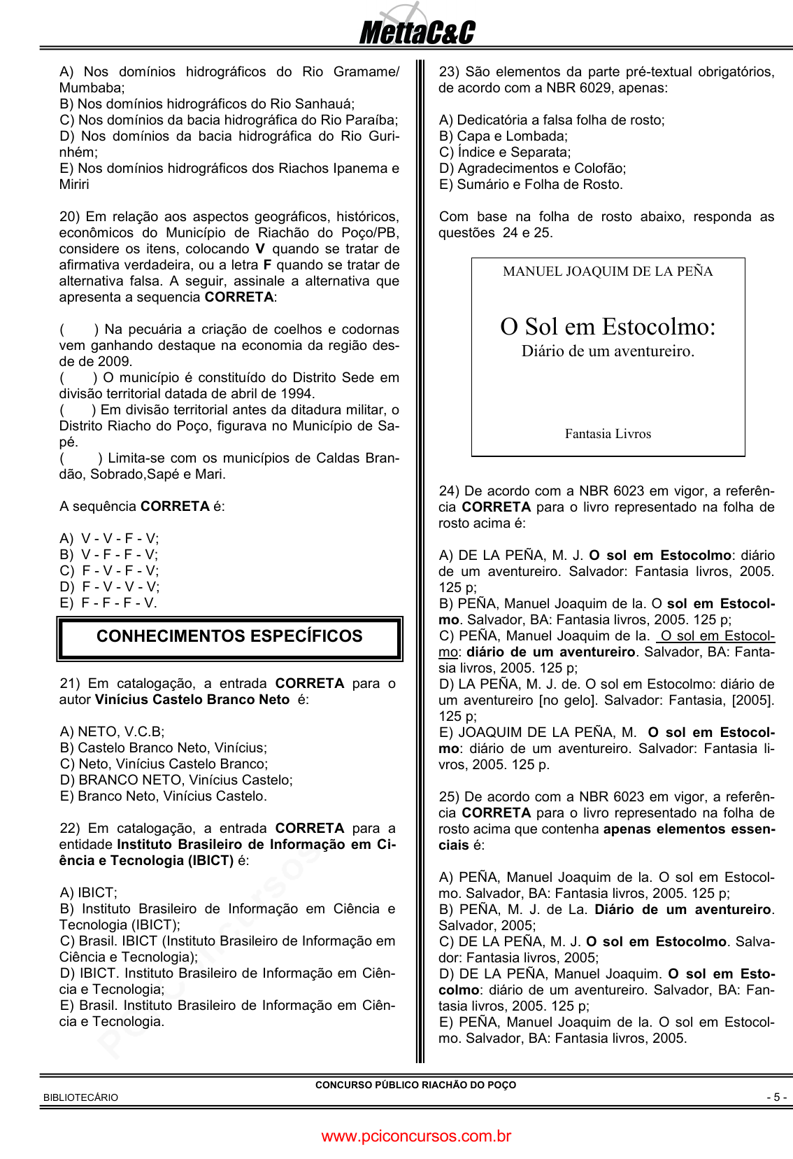 Prova Pref. Riachão do PoçoPB - METTA - 2011 - para Médico - PSF