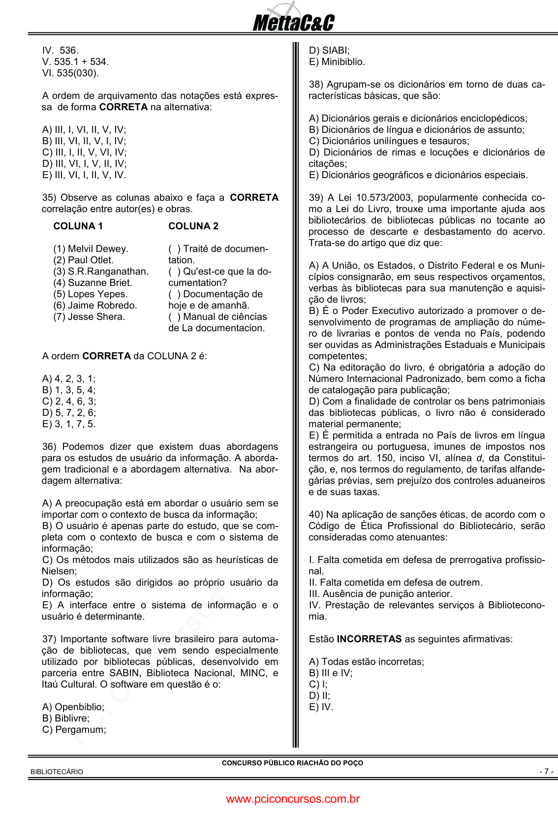 Prova Pref. Riachão do PoçoPB - METTA - 2011 - para Médico - PSF