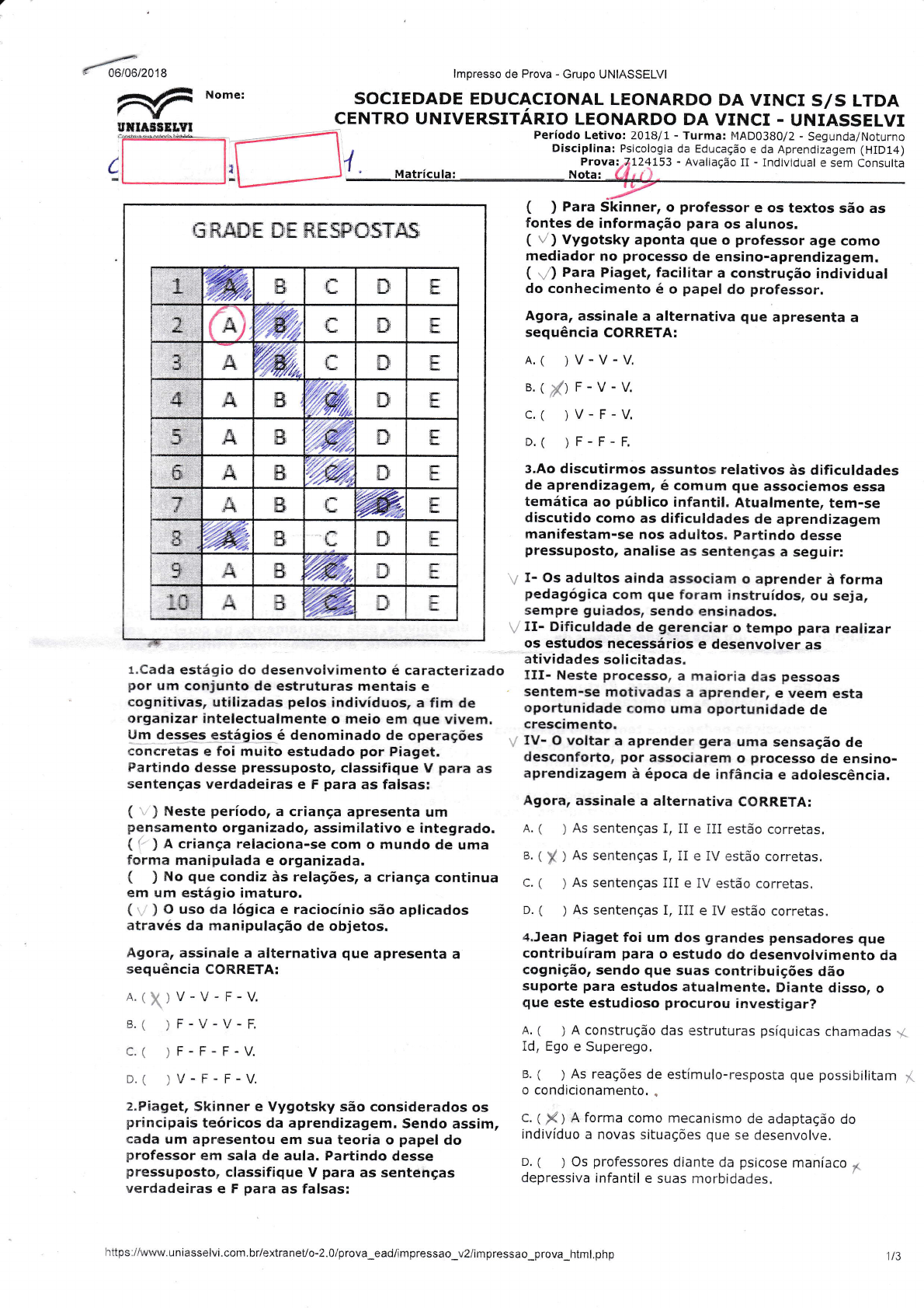 PROVA OBJETIVA PSICOLOGIA DA EDUCAÇÃO E DA APRENDIZAGEM-UNIASSELVI ...