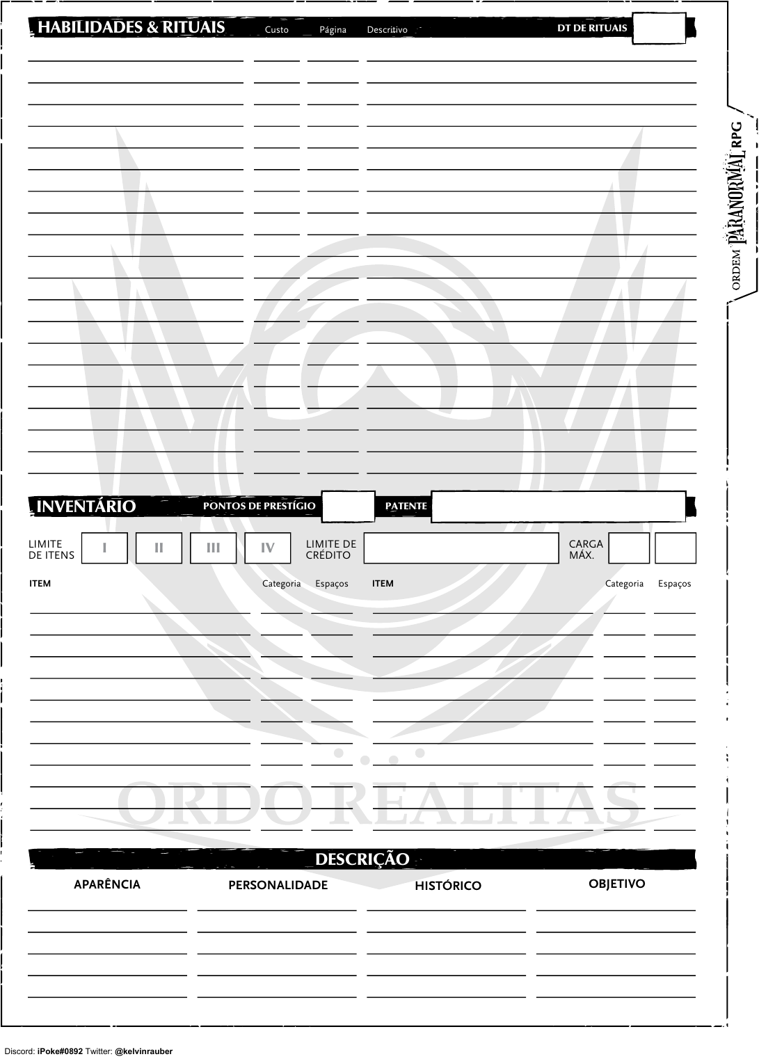 carrd Perfil de investigador Desconjuração Ordem Paranormal ficha jogadores