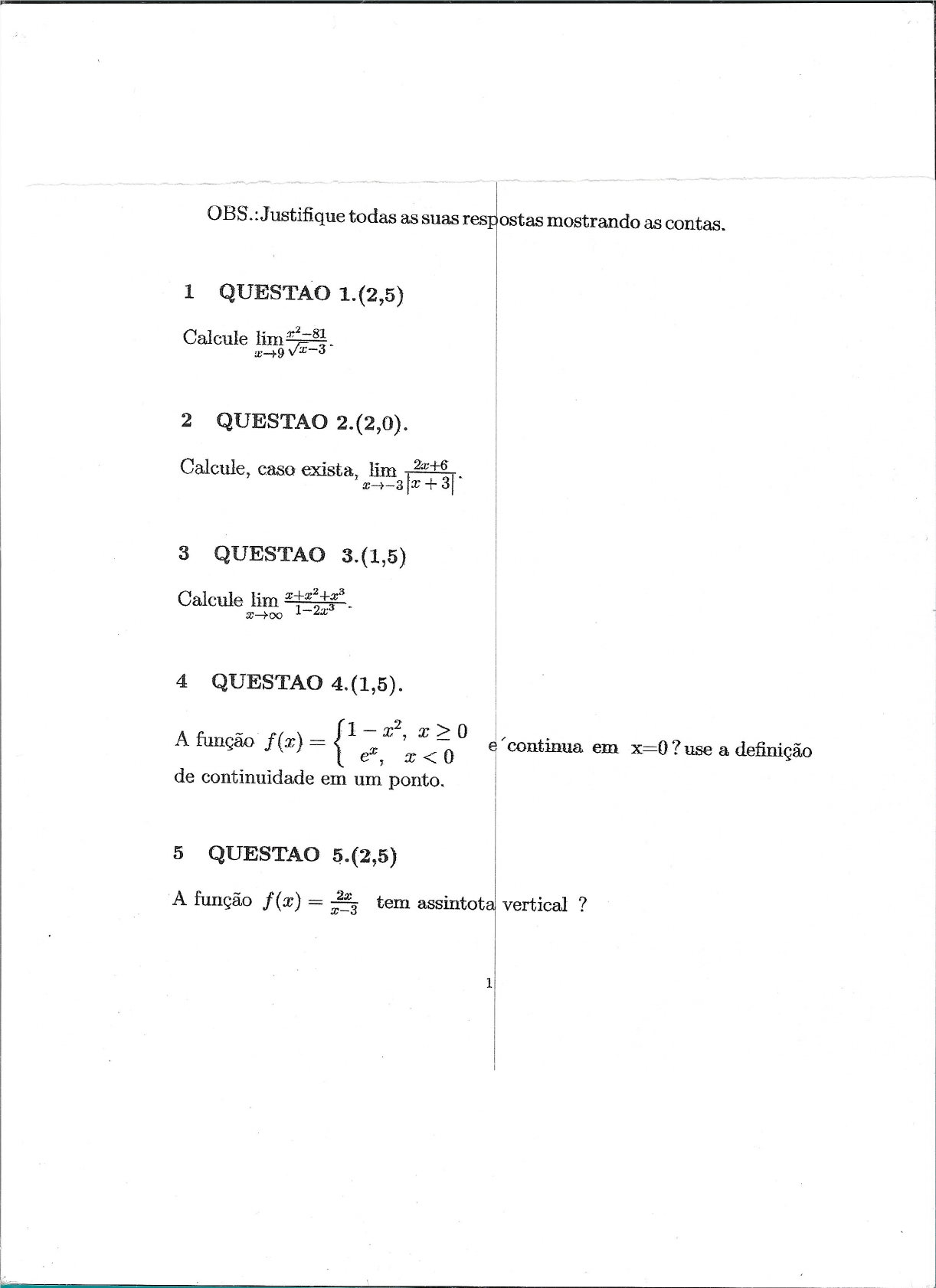 PROVA 1 CALCULO ROBERTO - Cálculo I