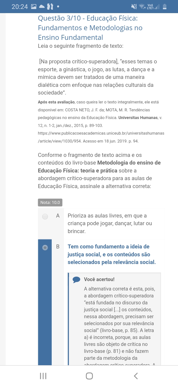 Apol Metodologia do Ensino da Educação Física - Questão 1