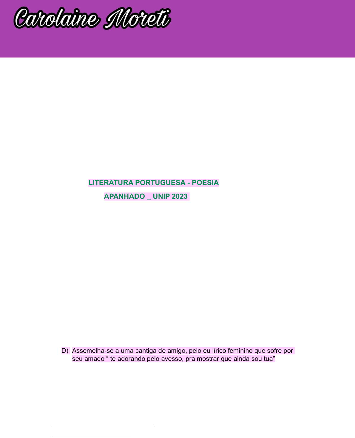 Apanhando de Literatura Portuguesa- Poesia UNIP 2023 - Letras