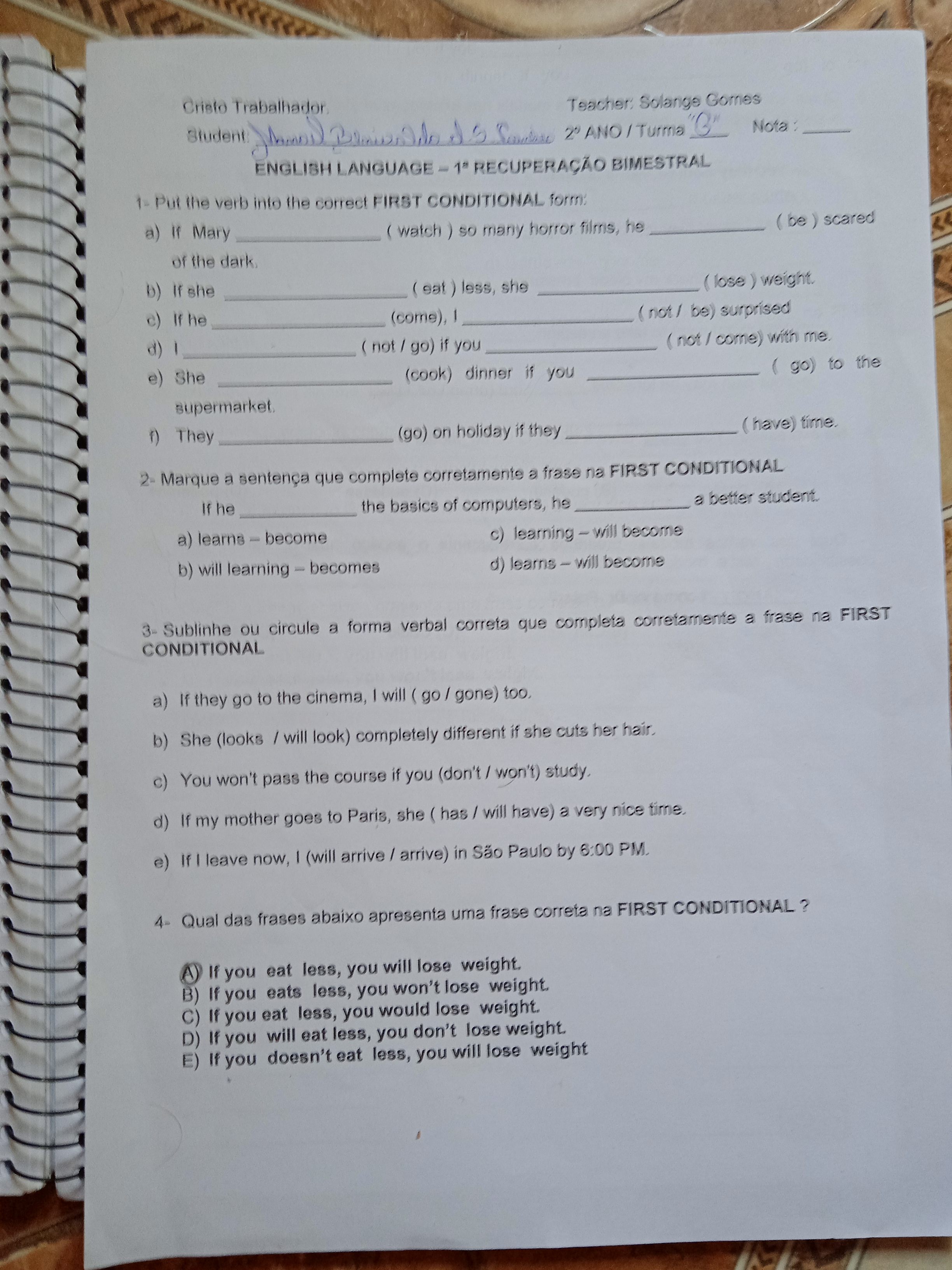 complete as frases usando corretamente as conditionals. Em seguida faça a  tradução. 