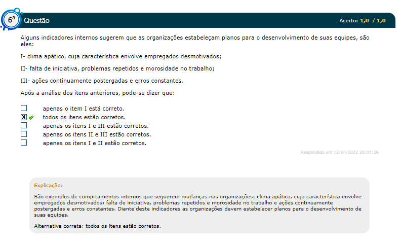 Simulado Comportamento Organizacional - Comportamento Organizacional