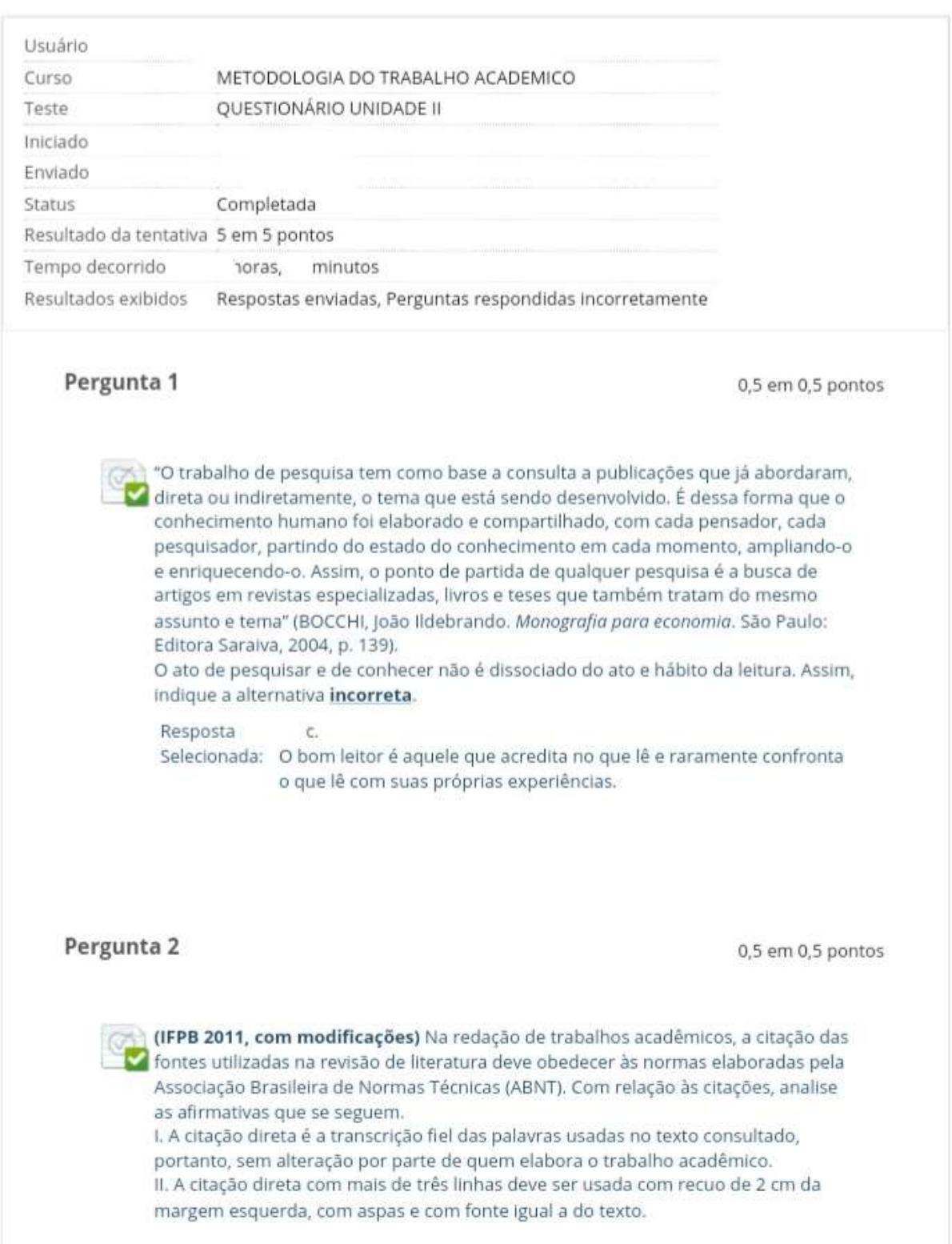 Questionário Unidade 2 AVA Metodologia do trabalho acadêmico UNIP