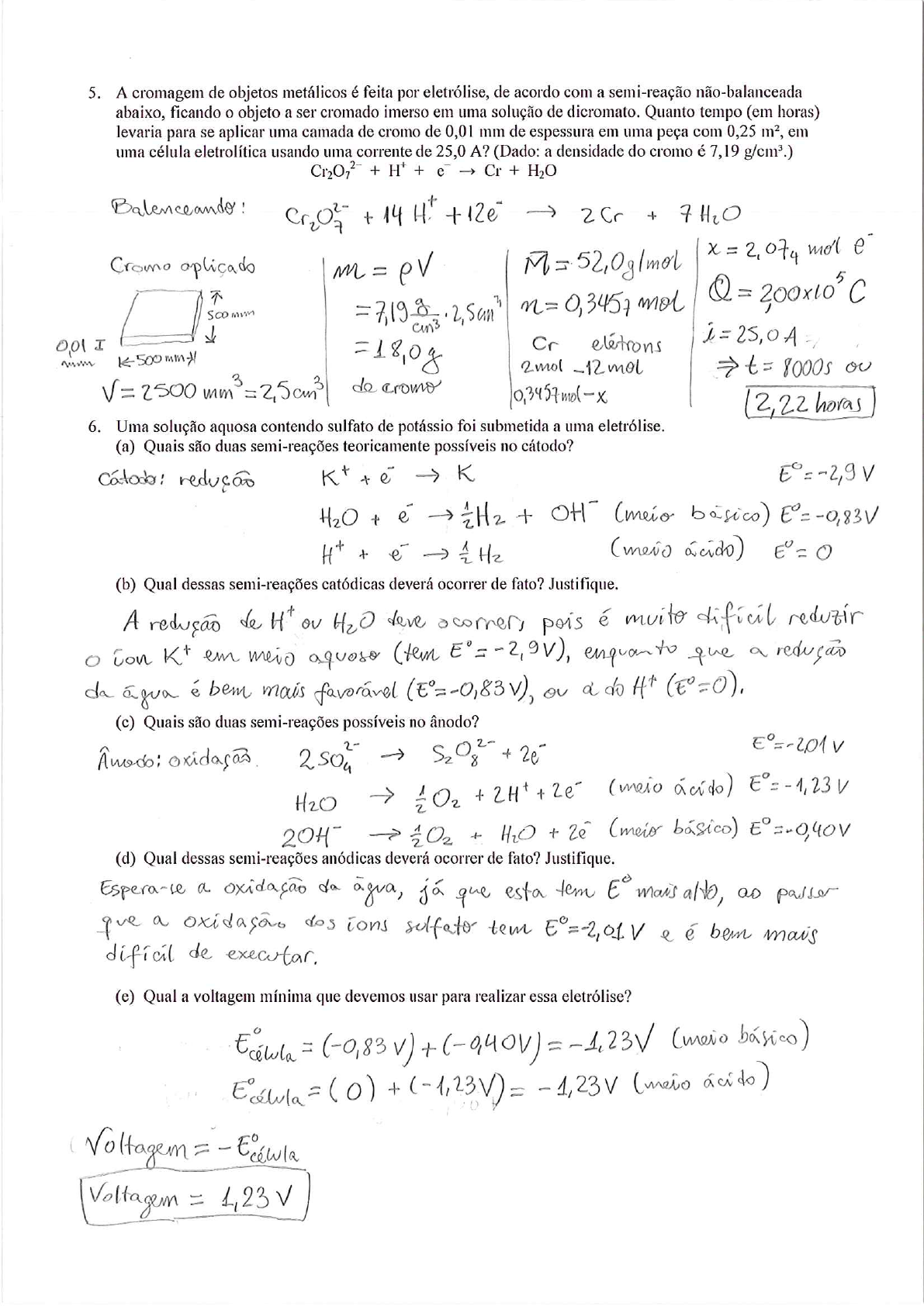 Lista Eletrólise Resolução Físico Química II Físico química II