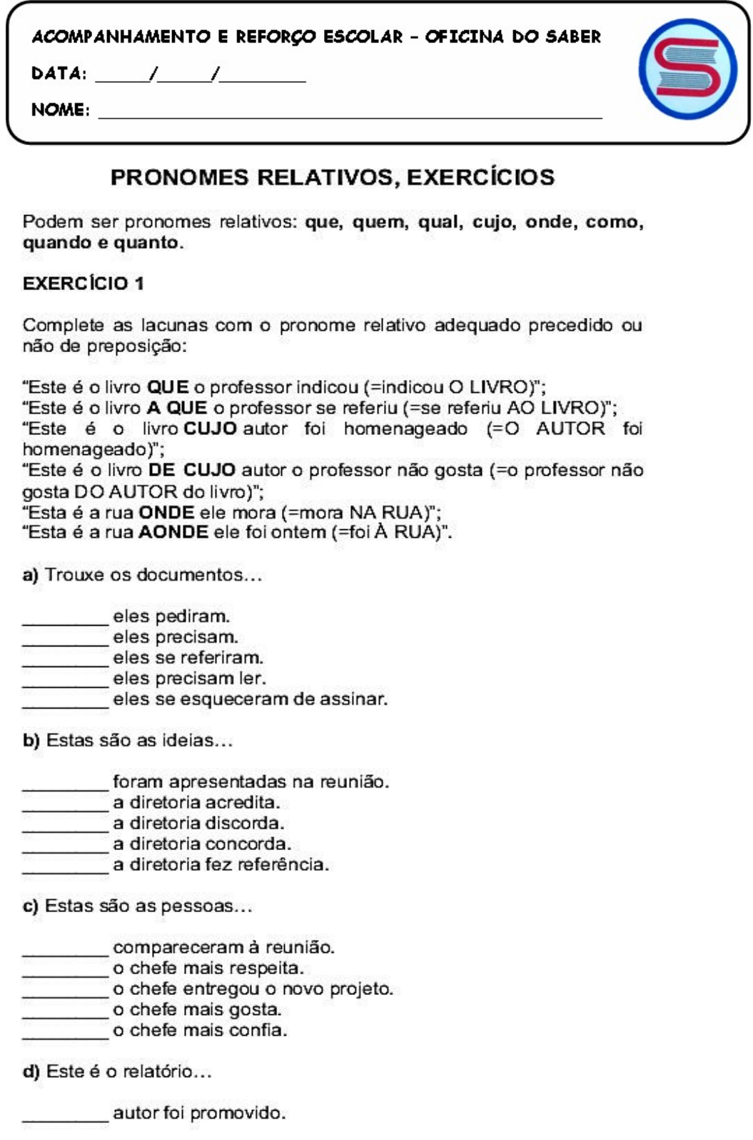 Pronome Relativo Exercícios 8o Ano Edukita 5159