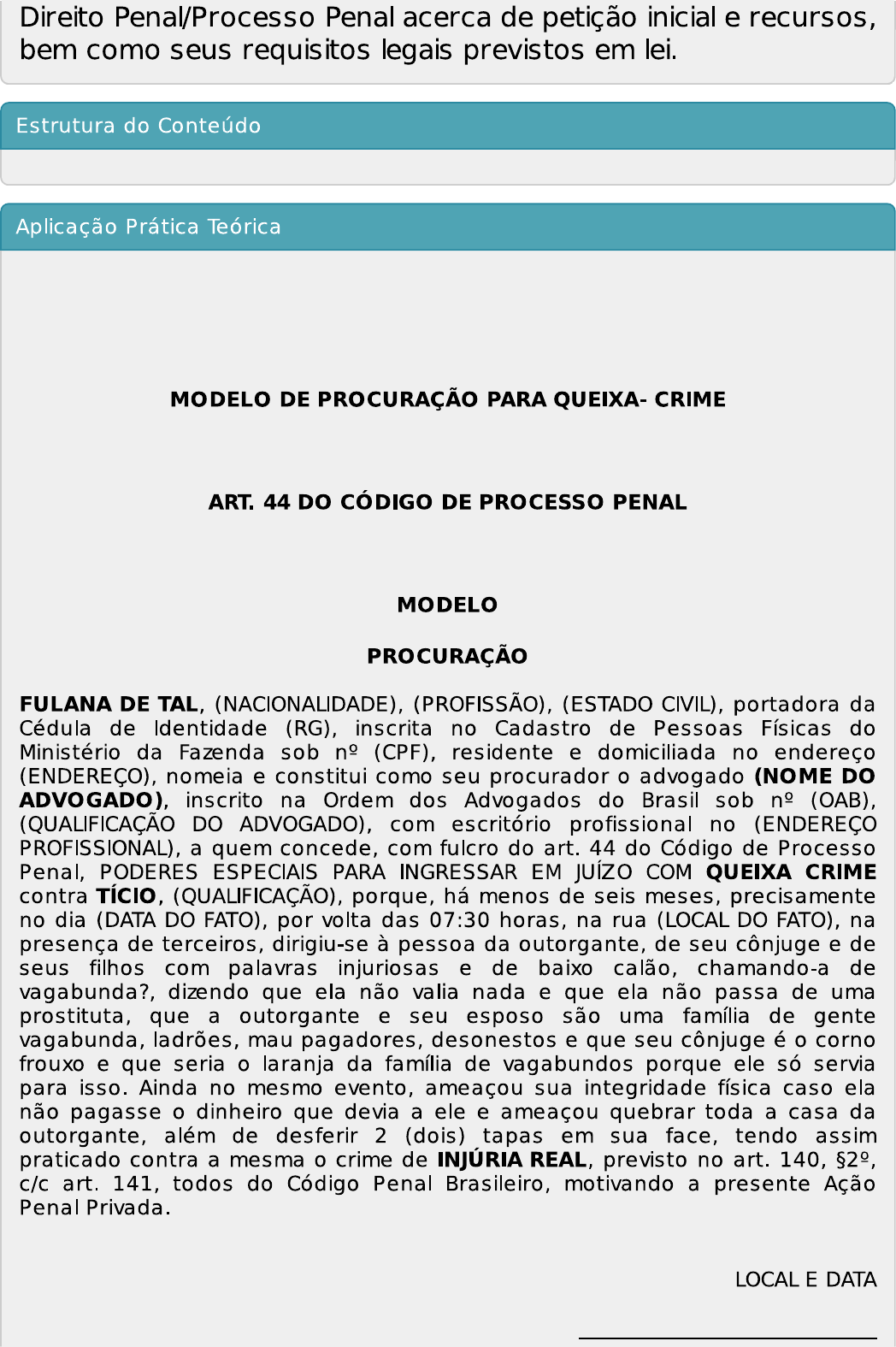 Procuração Queixa Crime - Prática Simulada III (penal)