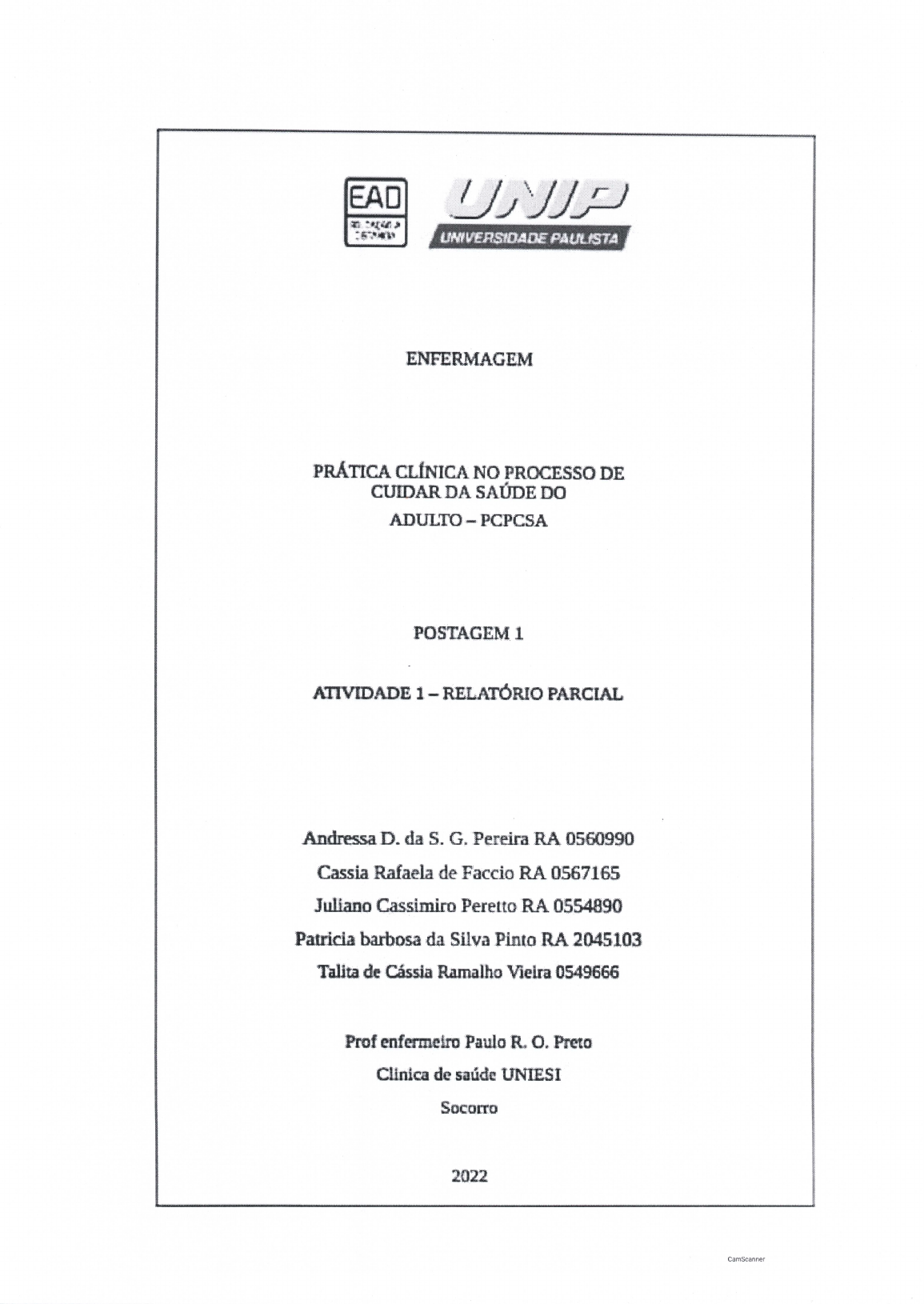 Relatorio Pratica Clinica E Processo De Cuidar Na Saude Do Adulto