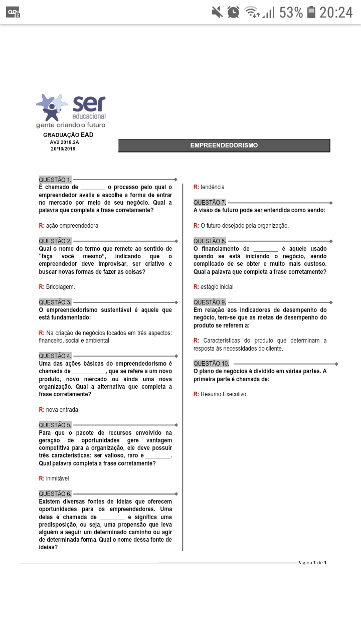 Exercício Com Gabarito - Empreendedorismo