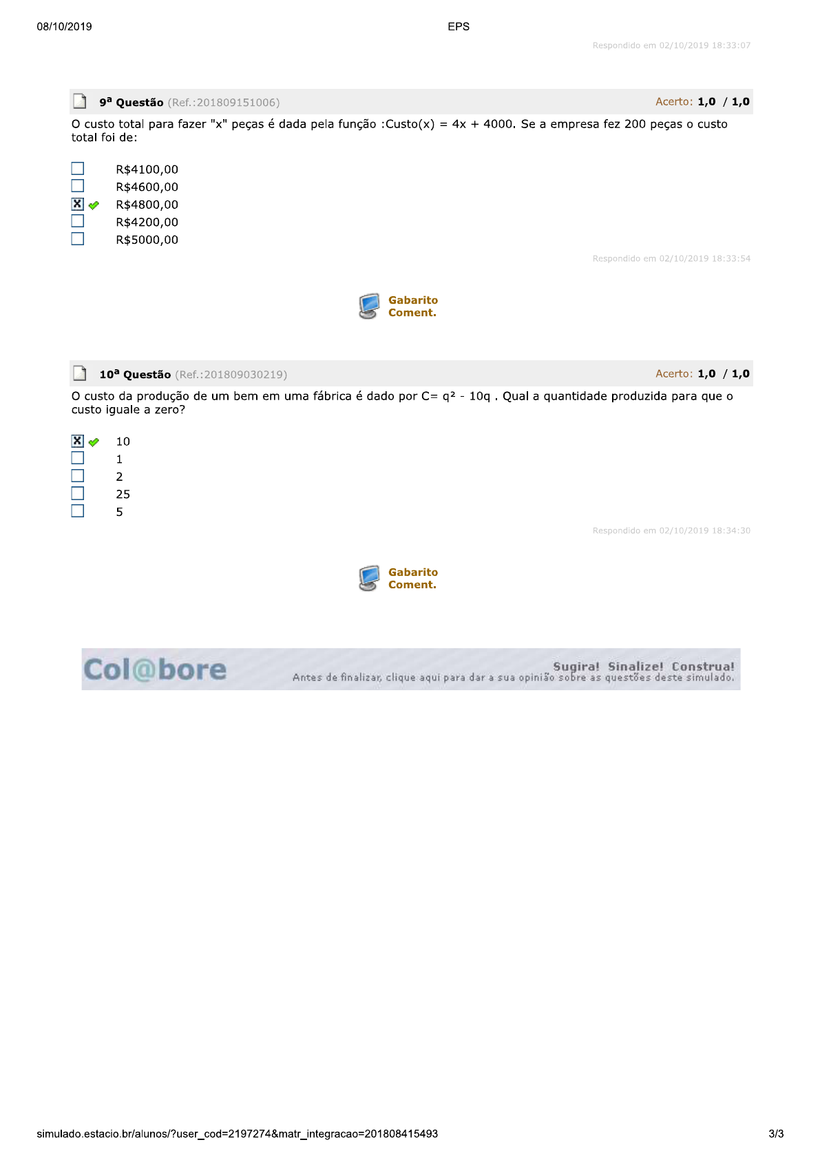 MATEMÁTICA PARA NEGÓCIOS Avaliando o Aprendizado II Matemática para Negócios