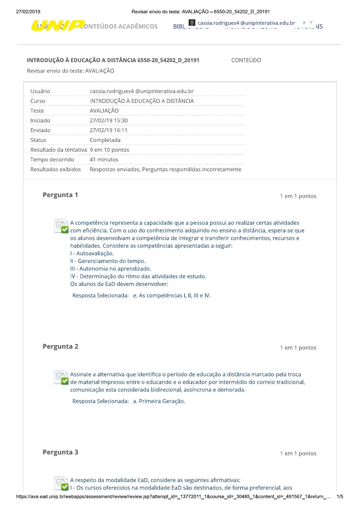 AVALIAÇÃO Indrodução A EAD UNIP - Introdução à Educação A Distância