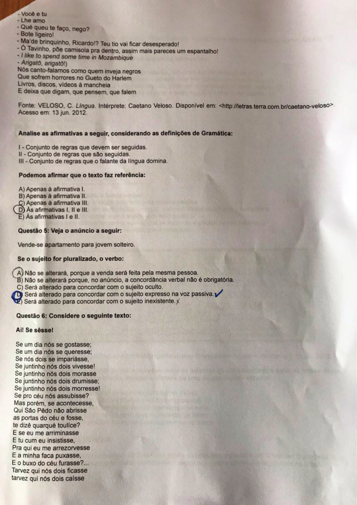 prova gramática aplicada da língua portuguesa - Letras