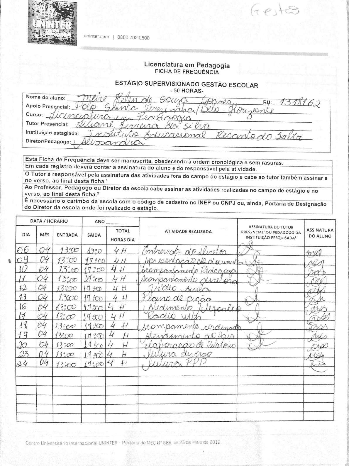 Ficha De Acompanhamento De Estágio Preenchida Pedagogia Gestao SOLOLEARN