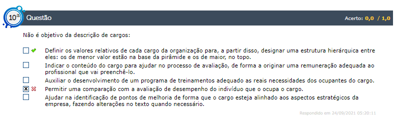 QUIZ 1 VALORIZAÇÃO DE CARGO E REMUNERAÇÃO - Descrição e Análise de Cargos