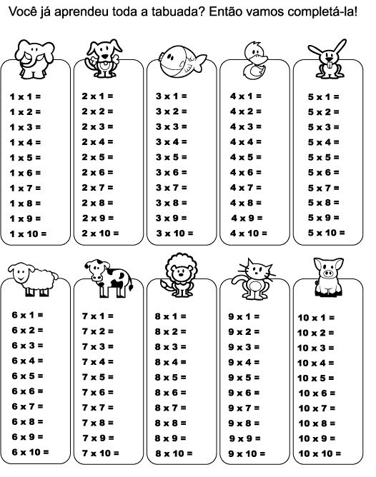 Tabuada De Multiplicação Para Completar E Imprimir