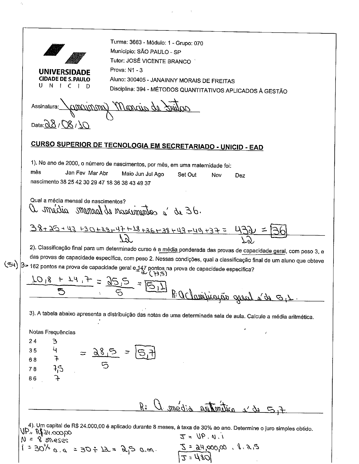 Métodos Quantitativos Aplicados à Gestão Prova Presencial Nota 3 ...