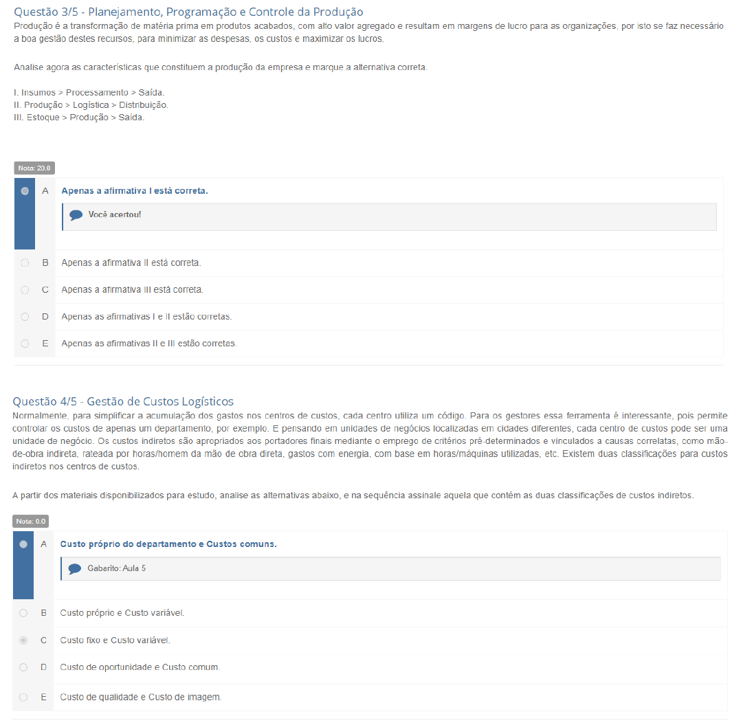 Apol 4 Gestão de custos Logisticos e PPCP Gestão de Custos