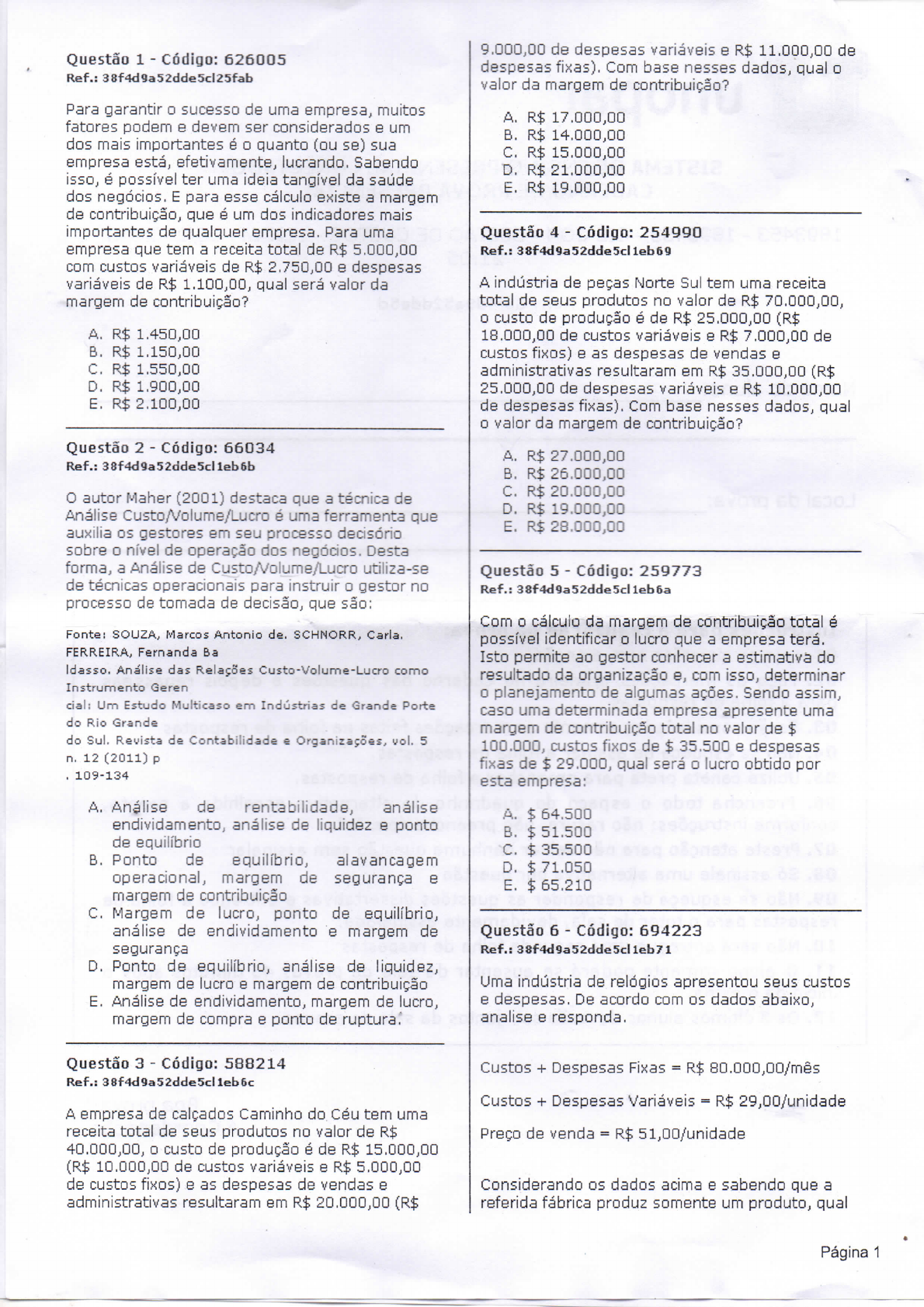 Prova De Contabilidade De Custos E Industrial Unopar