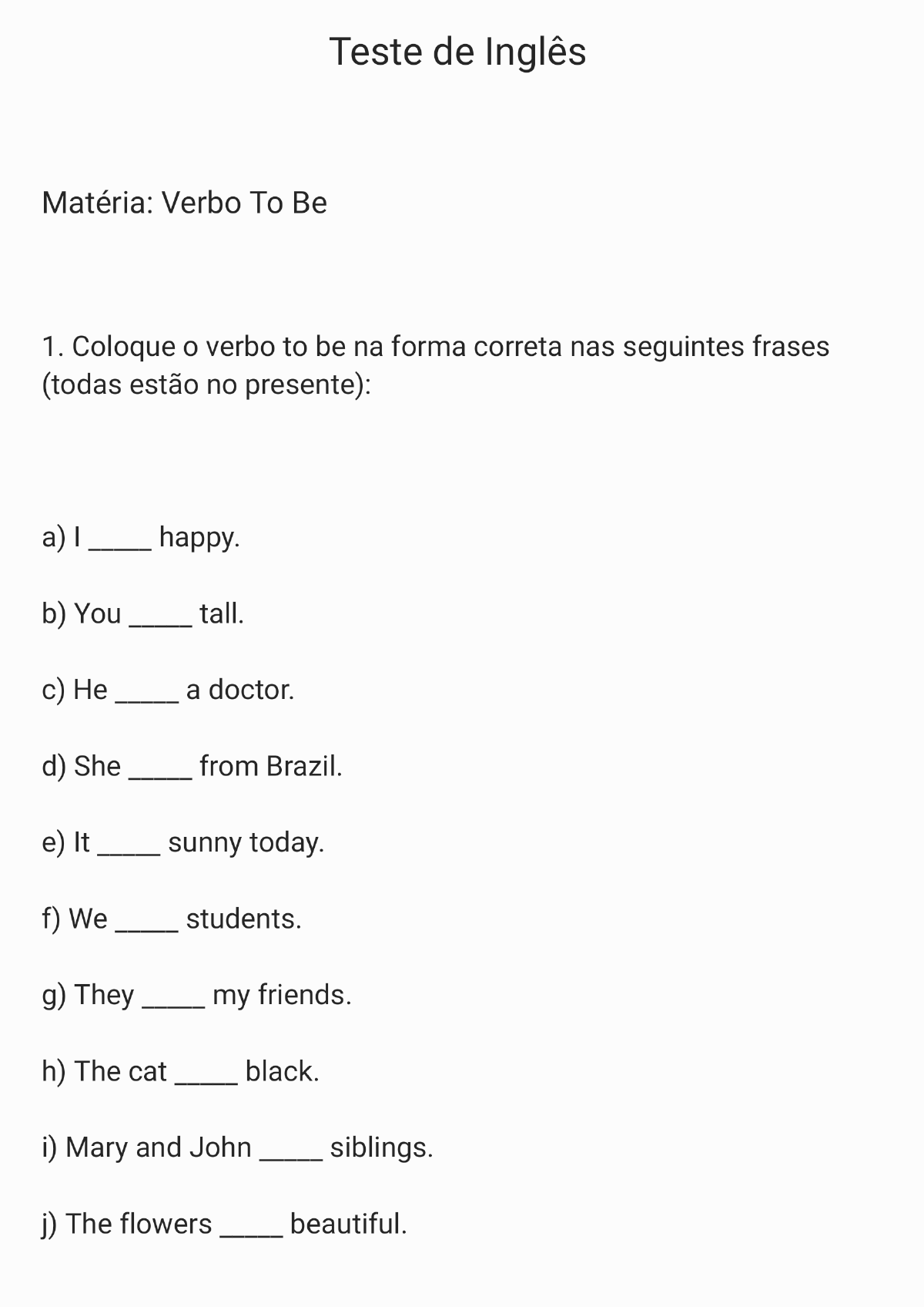 Teste 1º ano Inglês