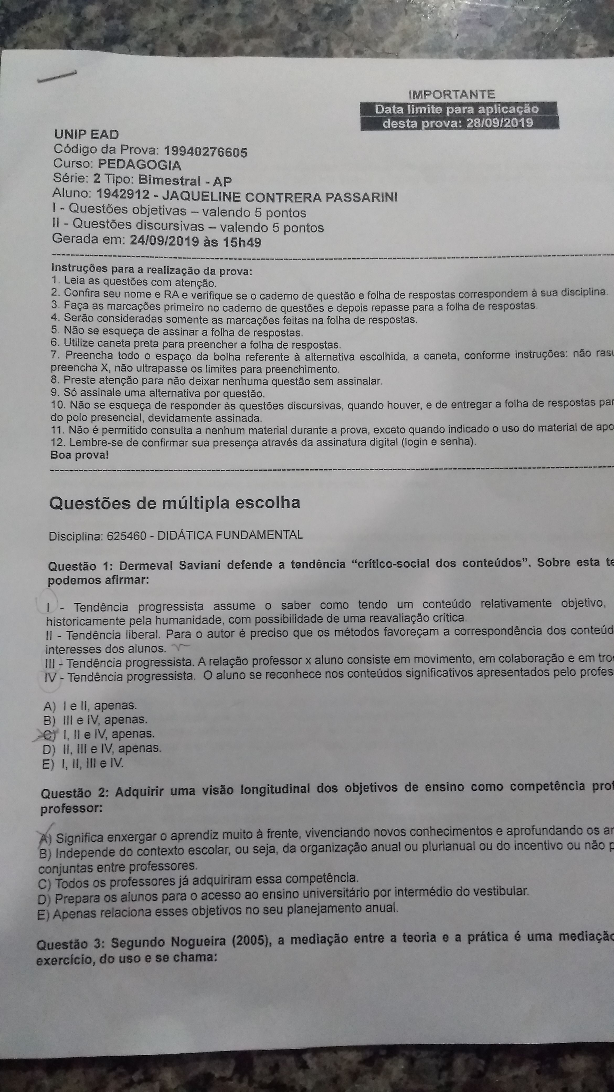 Prova Did Tica Fundamental Unip Pedagogia