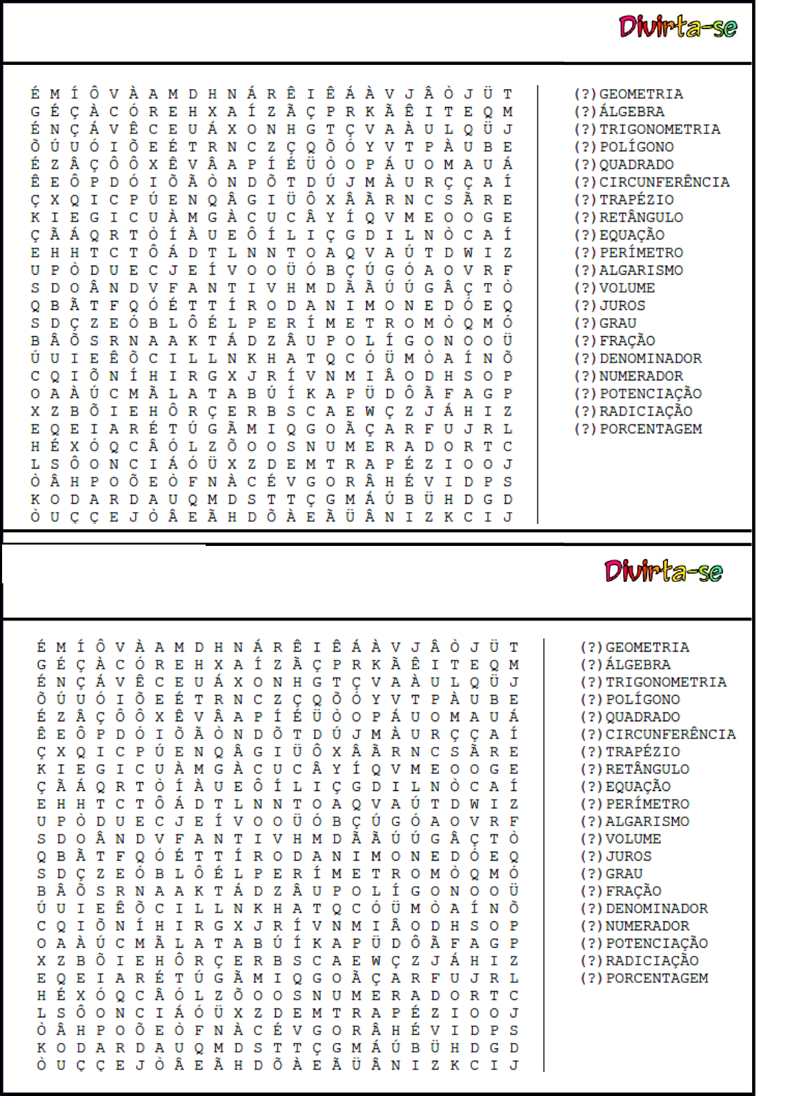 Caça-Palavras de Matemática