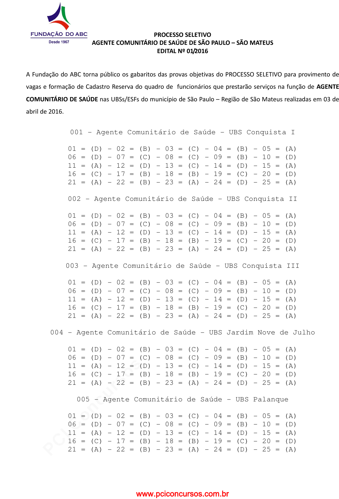 Prova Fundação ABC - São Paulo - São Mateus - GSA - 2016 - para Agente  Comunitário de Saúde - Tarde.pdf - Provas de Concursos Públicos