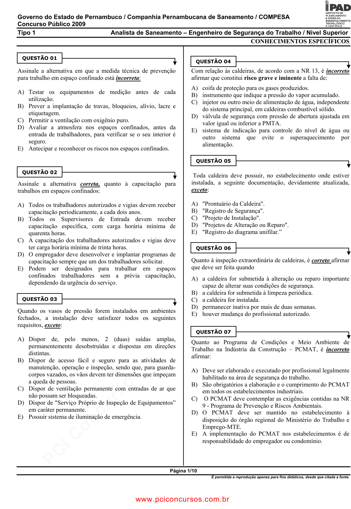 Prova COMPESA - UPENETIAUPE - 2013 - para Analista de Saneamento -  Engenheiro Mecânico.pdf - Provas de Concursos Públicos