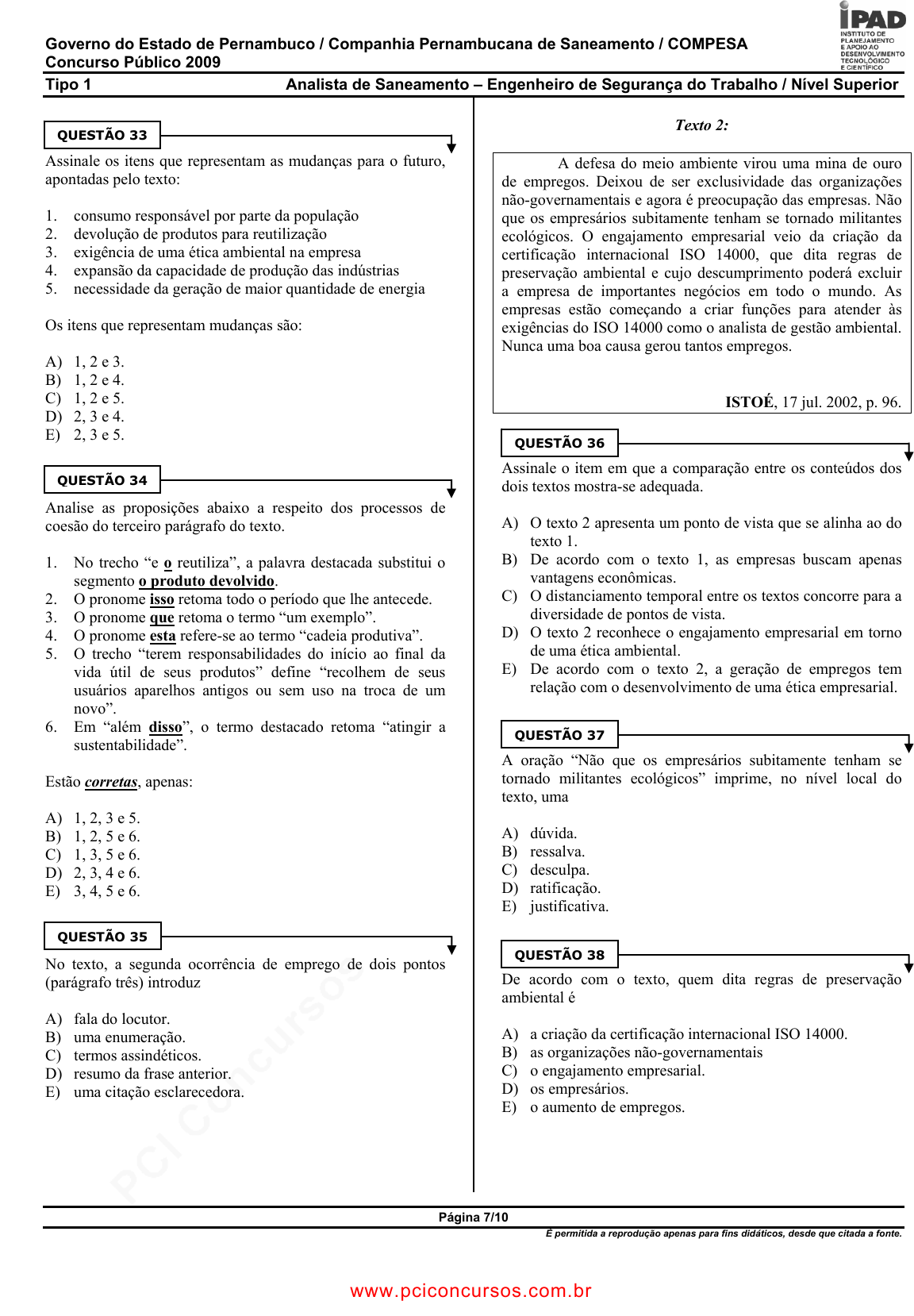 Prova COMPESA - UPENETIAUPE - 2013 - para Analista de Saneamento -  Engenheiro Mecânico.pdf - Provas de Concursos Públicos