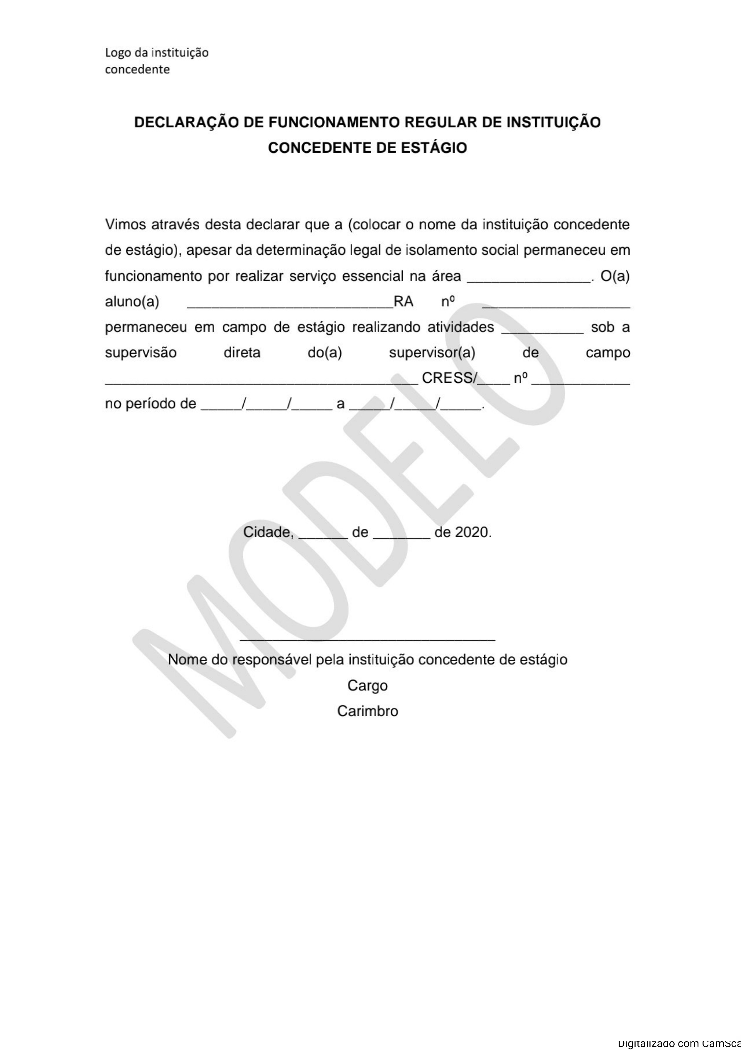 Declara O De Funcionamento Regular De Institui O Concedente De Est Gio Servi O Social