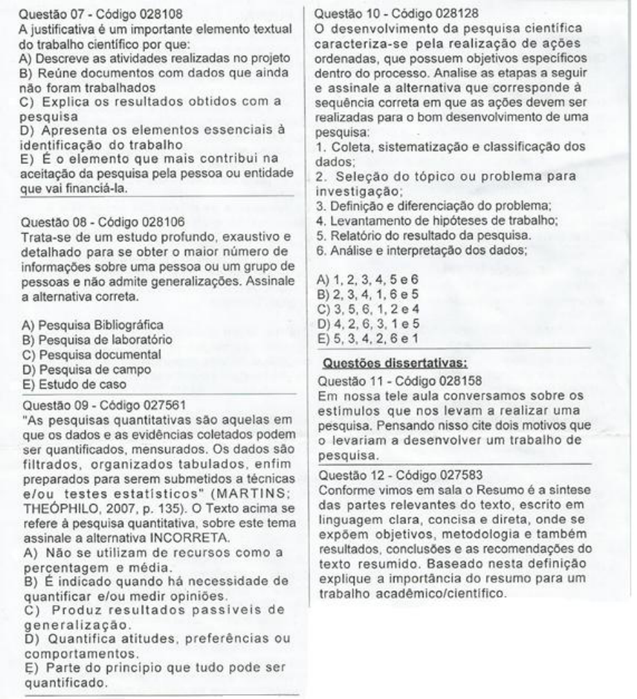 Prova De Metodologia Da Pesquisa Científica Com Gabarito