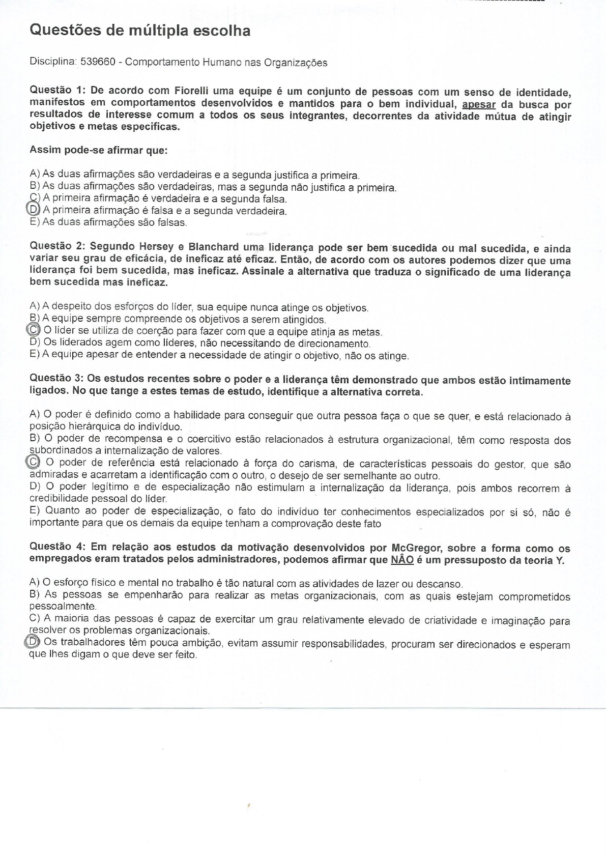 Prova Comportamento Humano Nas Organizações Unip 2018 Administração 3685